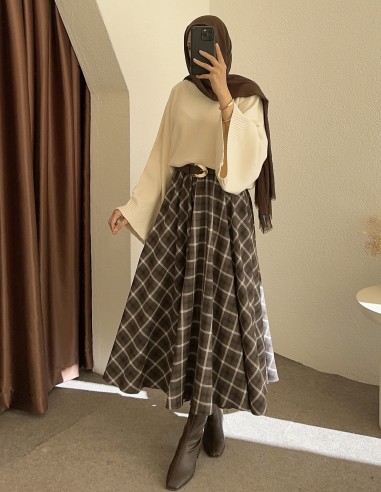 7177 ekose kloş etek- Kahverengi