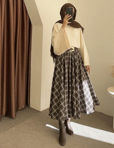 7177 ekose kloş etek- Kahverengi