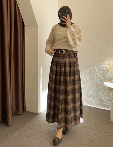 230 kemerli ekose etek -Koyu kahverengi