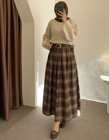 230 kemerli ekose etek -Koyu kahverengi