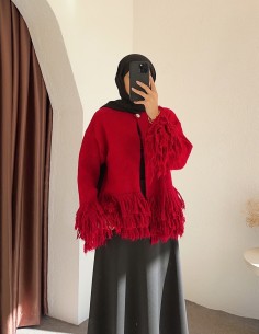 8898 püsküllü hırka - Kırmızı