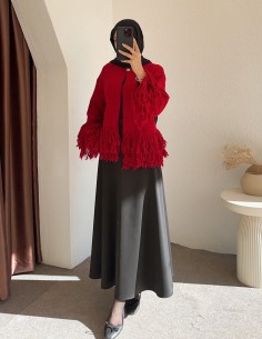 8898 püsküllü hırka - Kırmızı 2