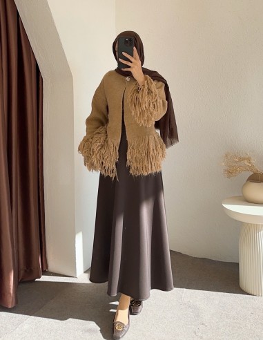 8898 püsküllü hırka - Camel