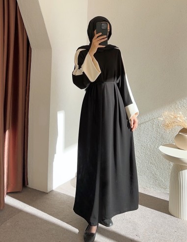 5265 kolu beyaz çizgili elbise -Siyah