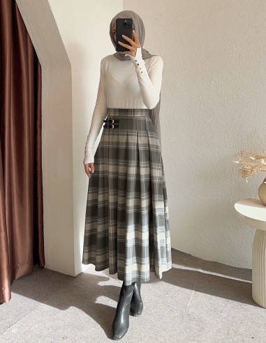 7192 çift kemerli ekose etek -Gri