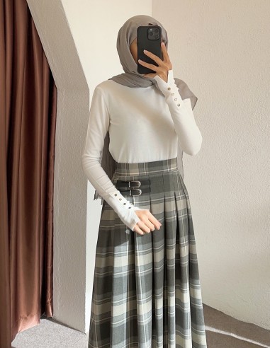 7192 çift kemerli ekose etek -Gri