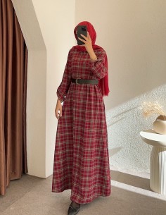 228 ekose elbise - bordo