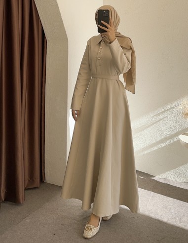 26079 gold düğme elbise- bej