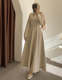 26079 gold düğme elbise- bej 2