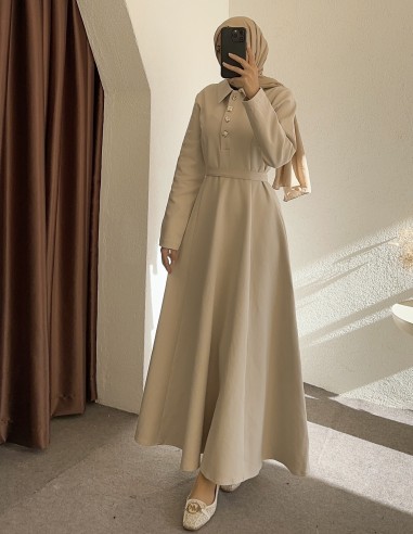 26079 gold düğme elbise- bej