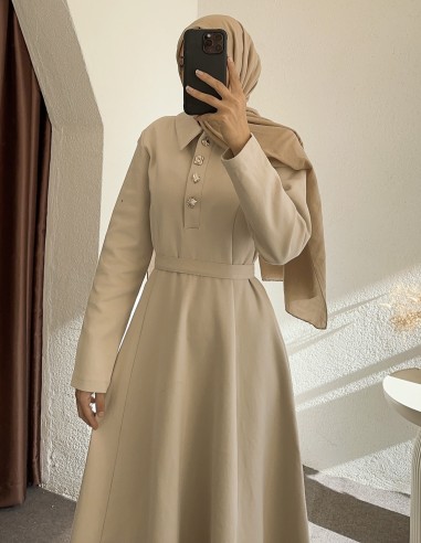 26079 gold düğme elbise- bej