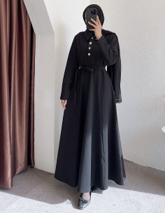 26079 gold düğme elbise- Siyah