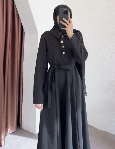 26079 gold düğme elbise- Siyah