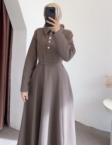 26079 gold düğme elbise- vizon