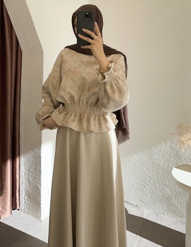 PR701 simli büzgülü etek takım -Bej