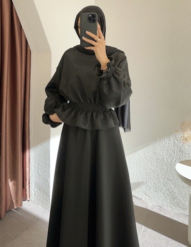 PR701 simli büzgülü etek takım -Siyah