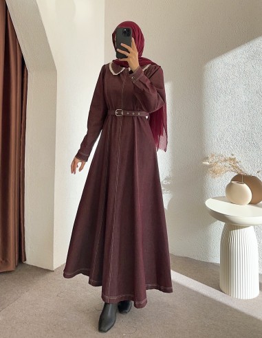 2942 yaka detay denim elbise - bordo