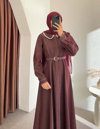 2942 yaka detay denim elbise - bordo