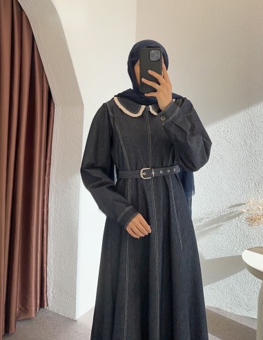 2942 yaka detay denim elbise - koyu...