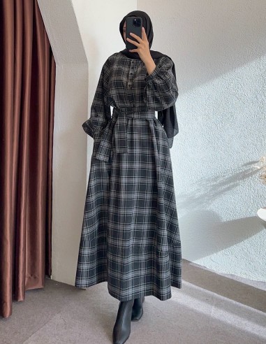 5251 ekose elbise - siyah