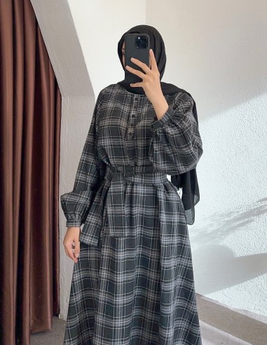 5251 ekose elbise - siyah