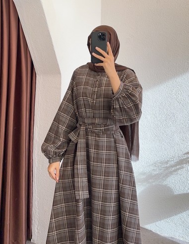 5251 ekose elbise - Kahverengi