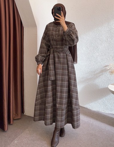 5251 ekose elbise - Kahverengi