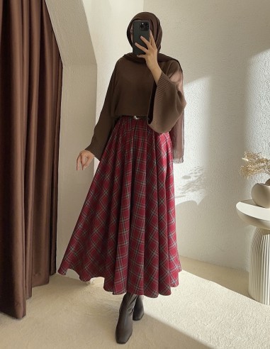 7177 ekose kloş etek- Bordo