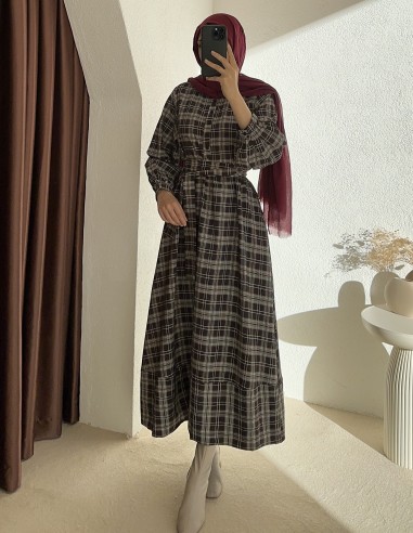 26502 ekose elbise - kahverengi