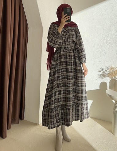 26502 ekose elbise - kahverengi