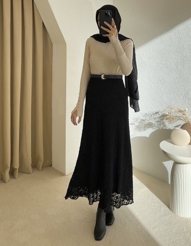 7192 dantelli etek - siyah