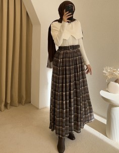 e382 kareli etek - kahverengi