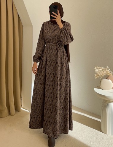 6116 gül detay elbise - Koyu kahverengi