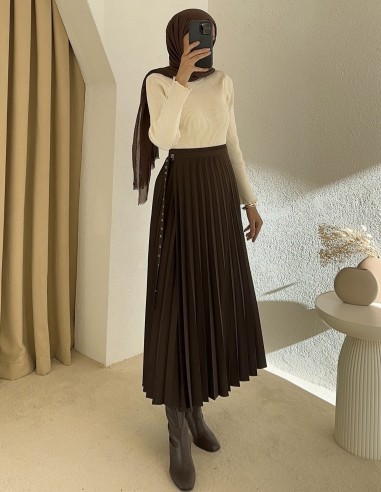 7249 anvelop pileli etek -Kahverengi