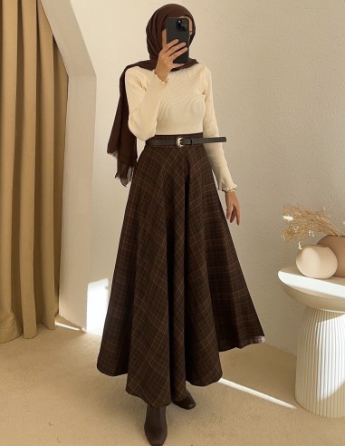 1054 desenli etek - kahverengi