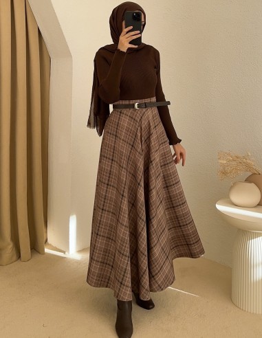 1054 desenli etek - sütlü kahve