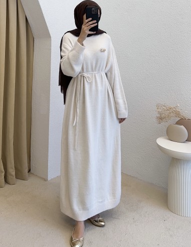 HK26023 broş aksesuarlı elbise -Krem