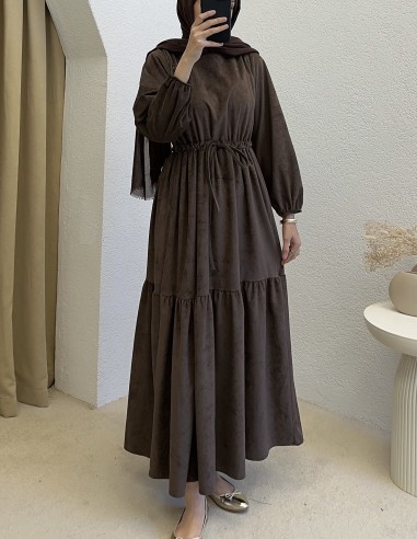 9624 bel büzgülü elbise -Kahverengi