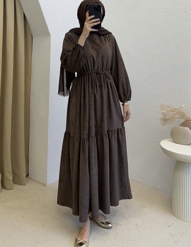 9624 bel büzgülü elbise -Kahverengi