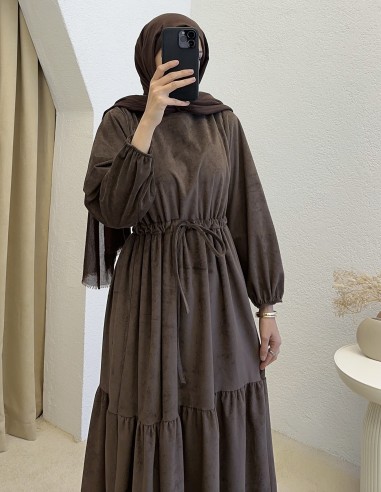 9624 bel büzgülü elbise -Kahverengi