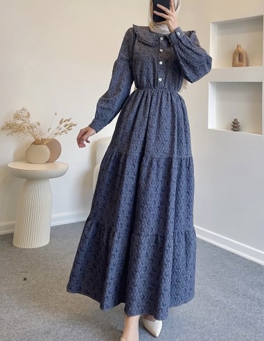 7854 yaka detay elbise - mavi