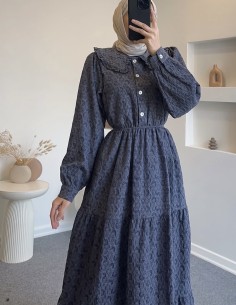 7854 yaka detay elbise - mavi 2