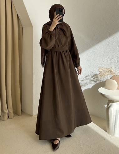 1173 fiyonk detay elbise -Kahverengi