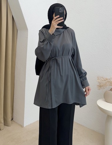 83647 yaka detay tunik -Gri