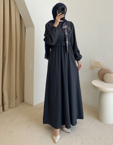 6137 yaka fularlı elbise - lacivert