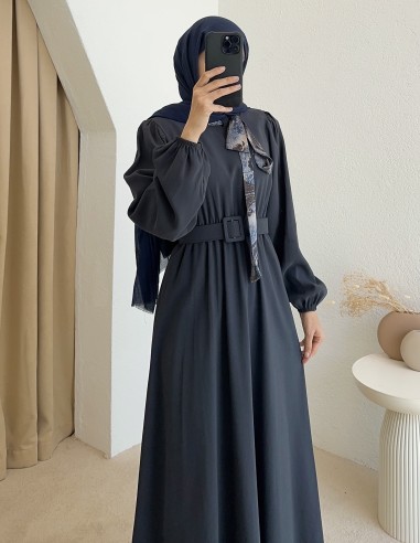 6137 yaka fularlı elbise - lacivert