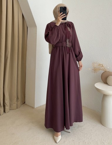 6137 yaka fularlı elbise -Mürdüm