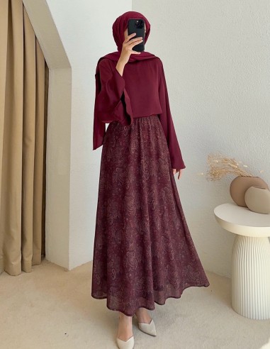 2505 kemerli desenli etek - bordo