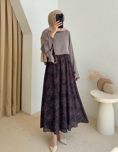 2505 kemerli desenli etek -Mor
