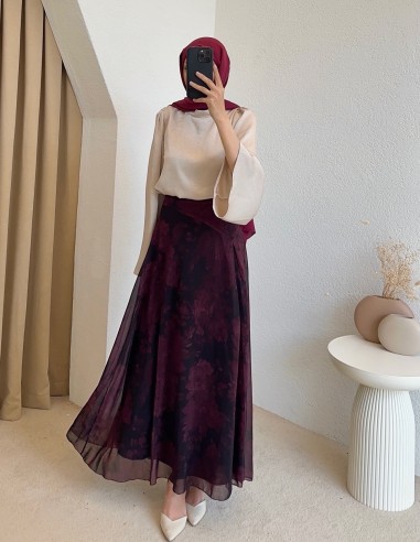 54124 çiçek desenli etek -mürdüm